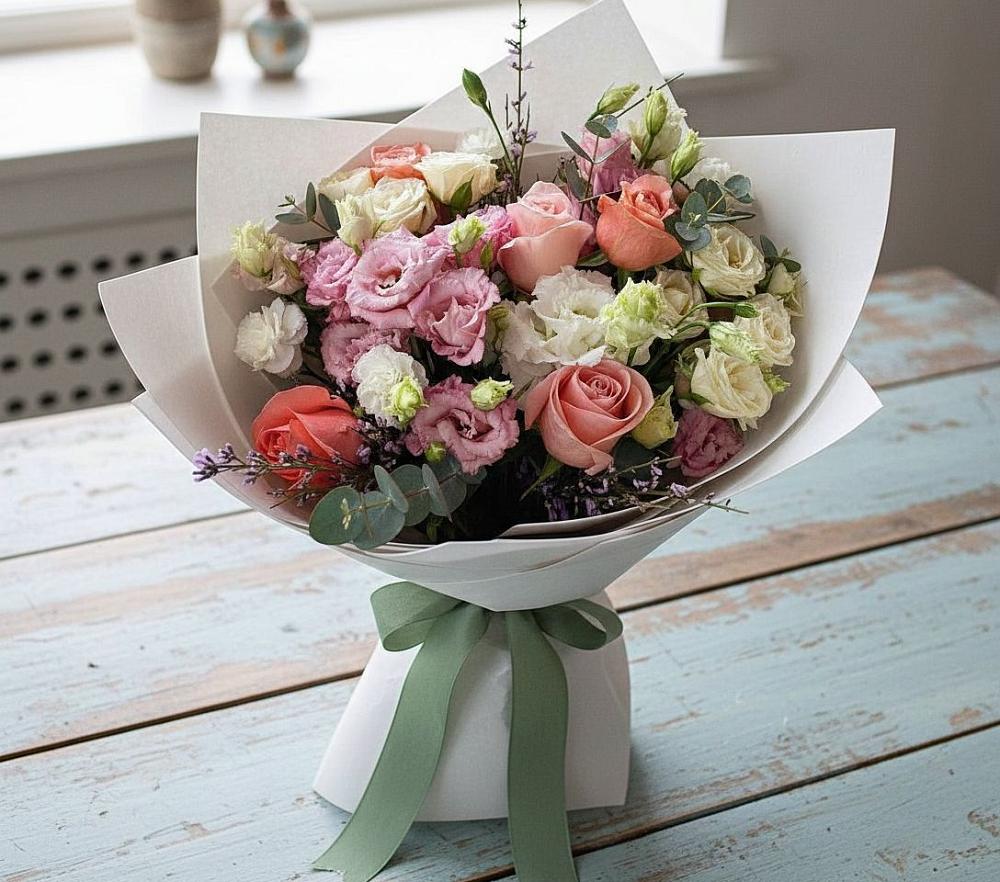 Букет цветов из: Розы, Лизиантусы и Гвоздики в Карабулаке