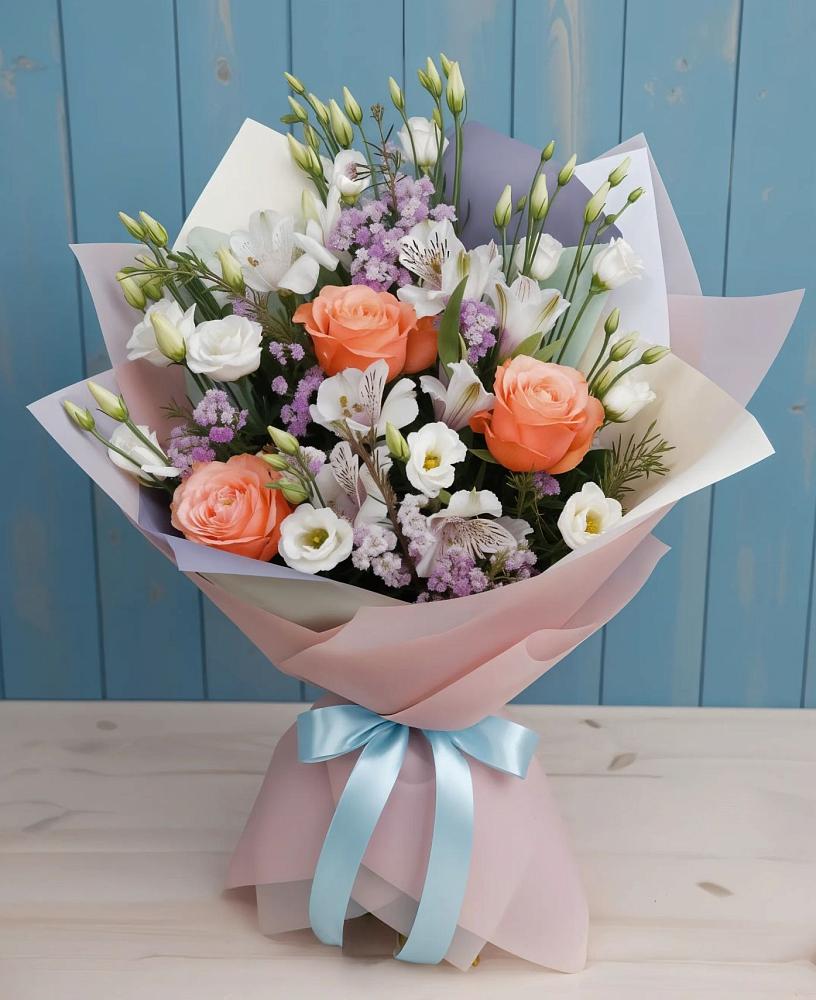 Букет цветов из: Лизиантусы, Розы, Альстромерии и Гипсофила в Карабулаке