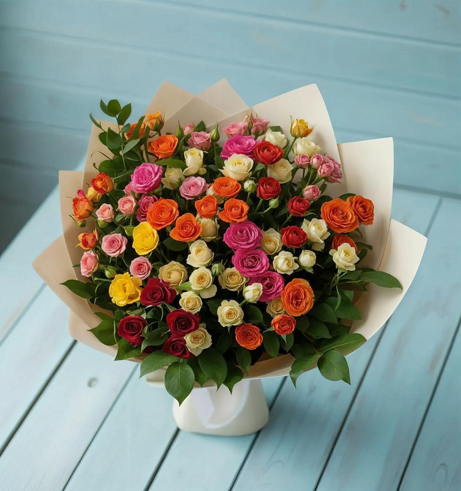 Букет Микс из разноцветных кустовых роз в Карабулаке