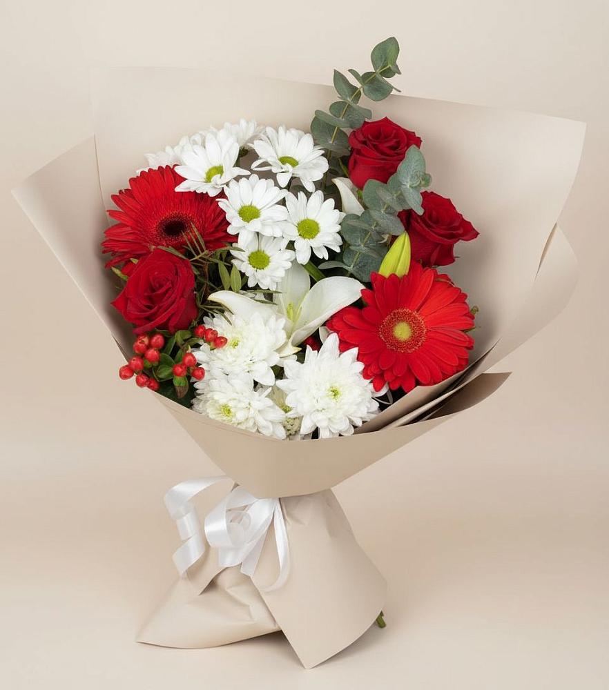 Букет цветов из: Розы, Хризантемы, Герберы и Лилии в Карабулаке