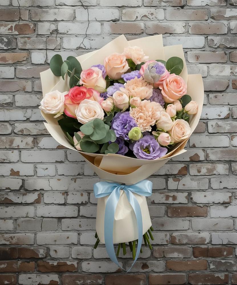 Букет цветов из: Розы, Лизиантусы и Гвоздики в Карабулаке