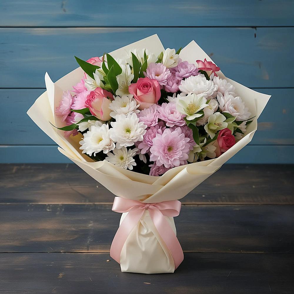 Букет цветов из: Хризантемы, Альстромерии и Розы в Карабулаке